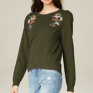 Bebe Floral Embroidered Khaki Army Green Sweater
